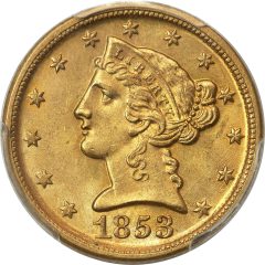 1853-D Liberty Half Eagle, MS64+