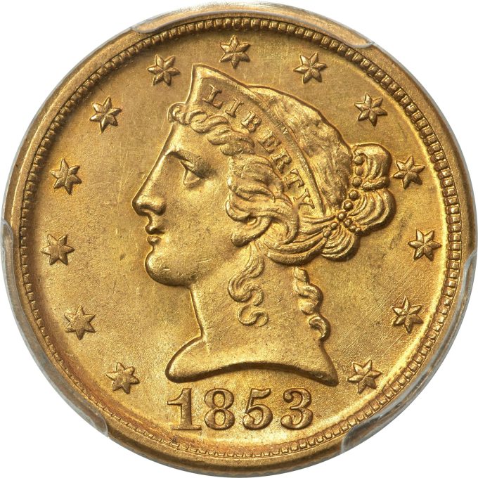 1853-D Liberty Half Eagle, MS64+