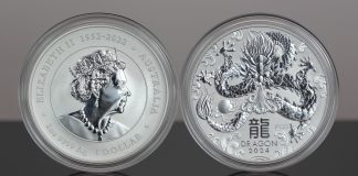 April Australian Bullion Sales Mixed, Perth Mint Reports 2024 Australian Lunar Dragon 1oz Silver Bullion Coins - Obverse and Reverse