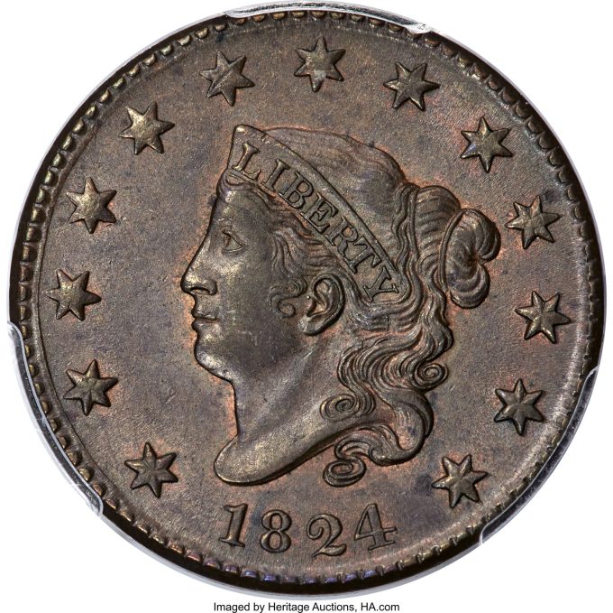 1824 N-3 Cent, MS63 Brown