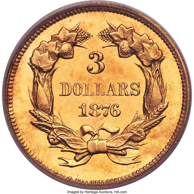 1876 Three Dollar Gold Piece, PR65