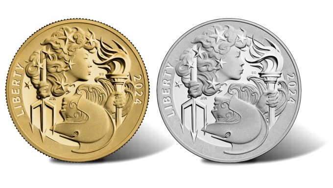 Obverses of 2024 Liberty and Britannia Gold Coin and 2024 Liberty and Britannia Silver Medal