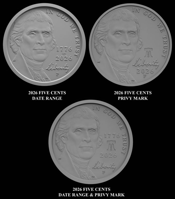 Semiquincentennial Jefferson nickel design candidates