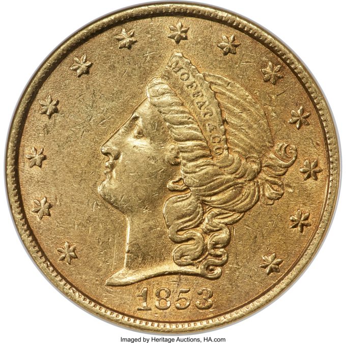 1853 Moffat & Co. Twenty Dollar, AU55
