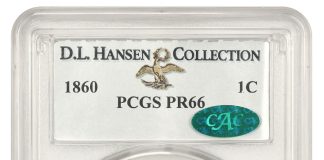 DLRC & D.L. Hansen Unveil Sale of Historic U.S. Coin Collection 1860 1C PCGS/CAC PR66
