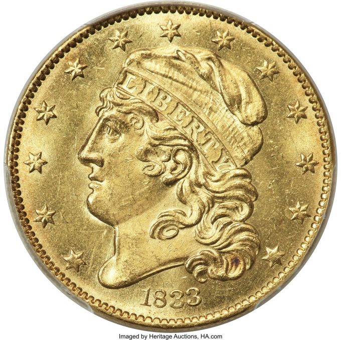 1833 Capped Head Left Half Eagle, MS65+