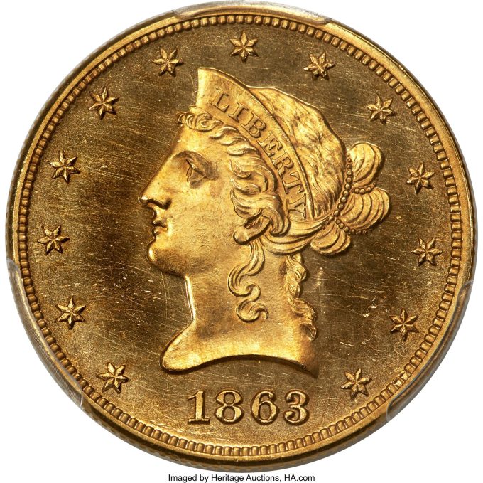 1863 Ten Dollar, PR64 Cameo