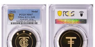 First PCGS-Certified Gold TiffCoin by Tiffany & Co. in GreatCollections Auction 18k Gold TiffCoin by Tiffany & Co., graded PCGS MS-67