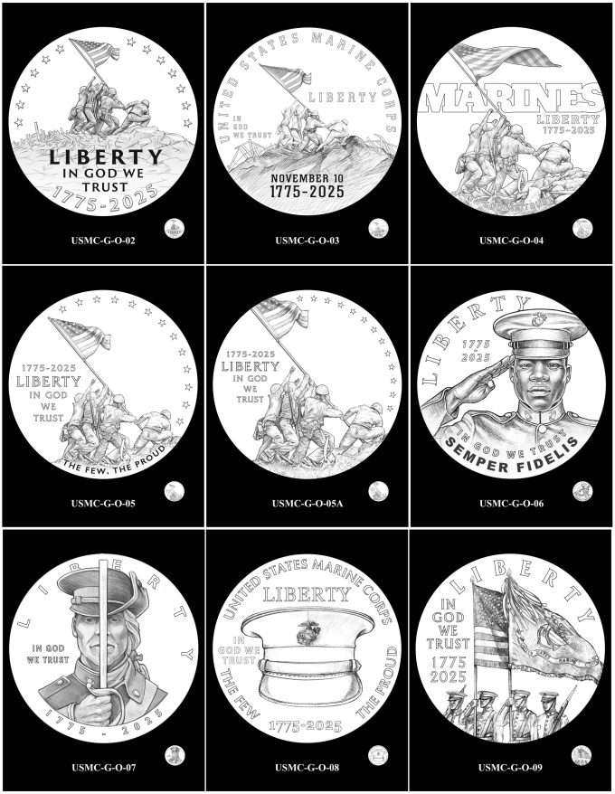 2025 U.S. Marine Corps 250th Anniversary Gold Coin Candidate Designs - Obverses 2-9