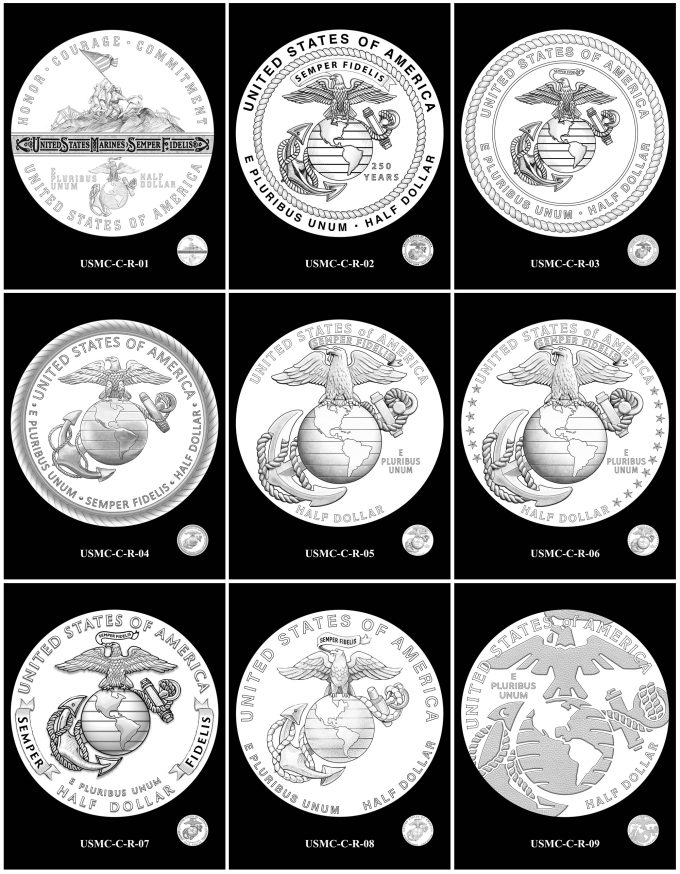 2025 U.S. Marine Corps 250th Anniversary Half Dollar Candidate Designs - Reverses 1-9