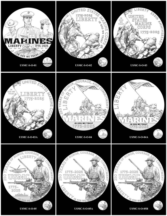 2025 U.S. Marine Corps 250th Anniversary Silver Dollar Candidate Designs - Obverses 1-5B