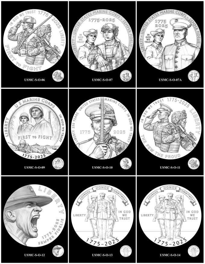 2025 U.S. Marine Corps 250th Anniversary Silver Dollar Candidate Designs - Obverses 6-14