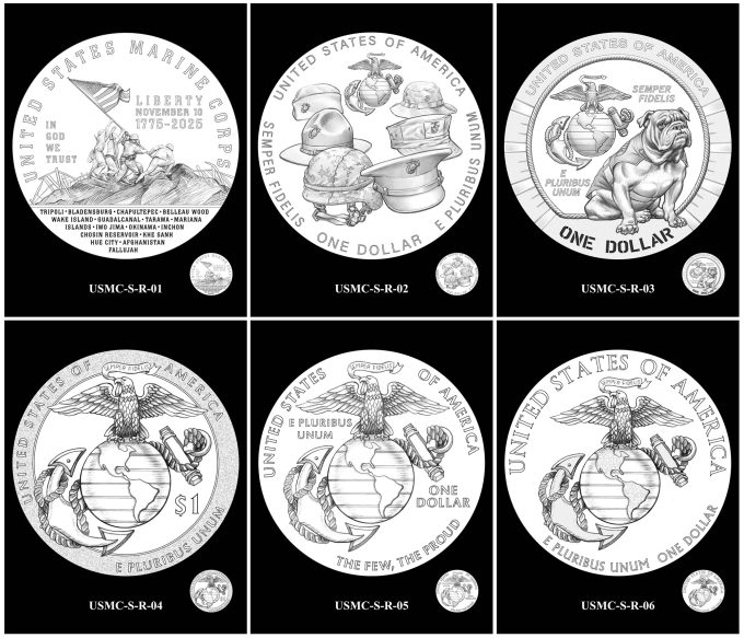 2025 U.S. Marine Corps 250th Anniversary Silver Dollar Candidate Designs - Reverses 1-6