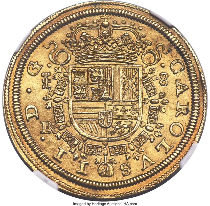 Mint State Charles II gold 8 Escudos 1687/3-BR MS64 NGC