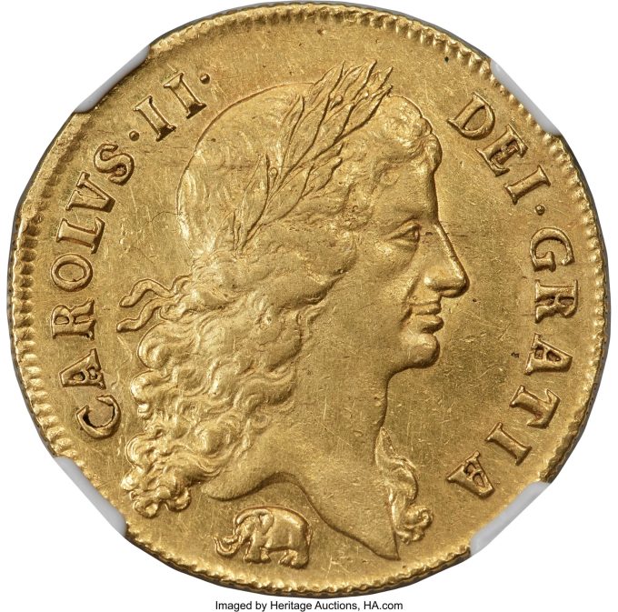 Charles II gold "Elephant" 2 Guineas 1664 AU53 NGC