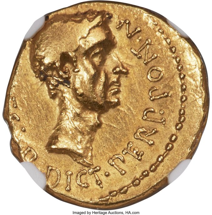 Octavian, as Consul (ca. 43 BC), with Julius Caesar, as Dictator Perpetuo and Pontifex Maximus. AV aureus (18mm, 8.16 gm, 5h). NGC Choice XF 3/5 - 4/5
