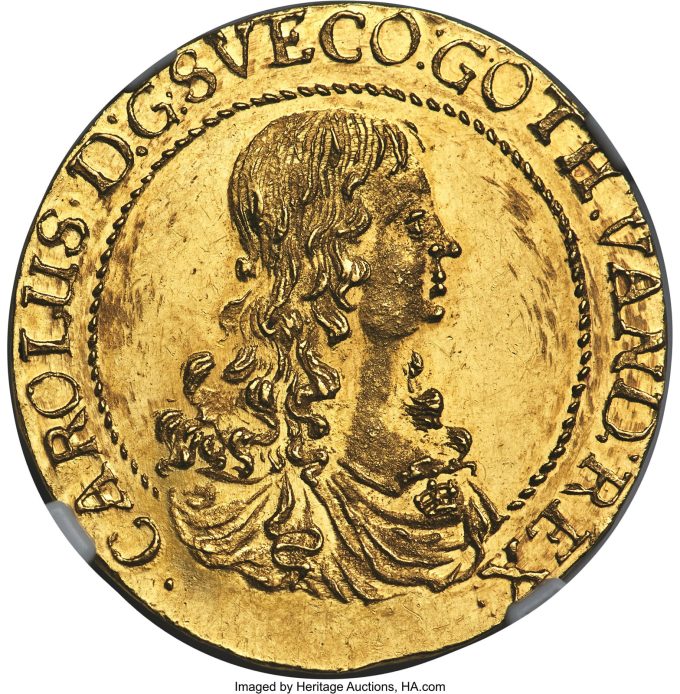 Riga - Swedish Occupation. Charles XI gold 2 Ducat 1667-IM MS62 NGC