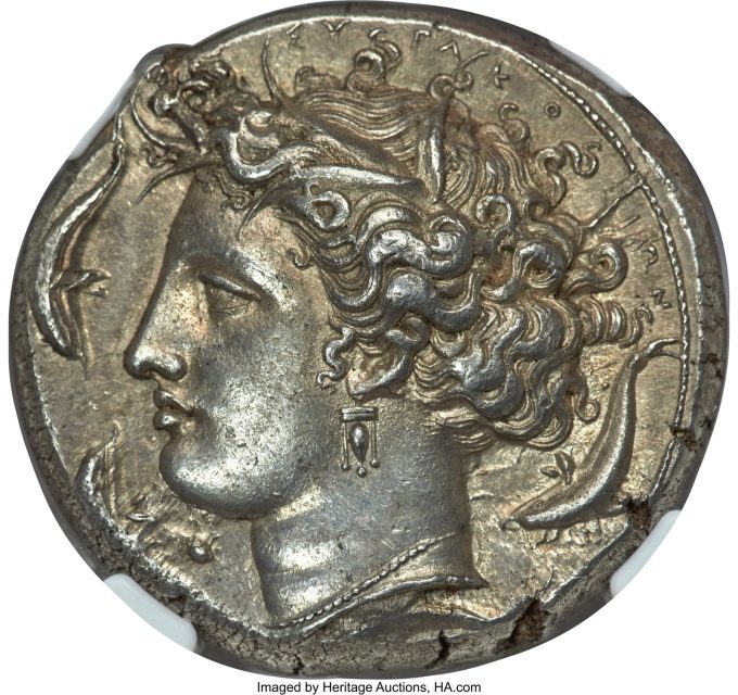 SICILY. Syracuse. Dionysius I (405-370 BC). AR decadrachm (33mm, 43.40 gm, 11h). NGC AU★ 5/5 - 5/5, Fine Style