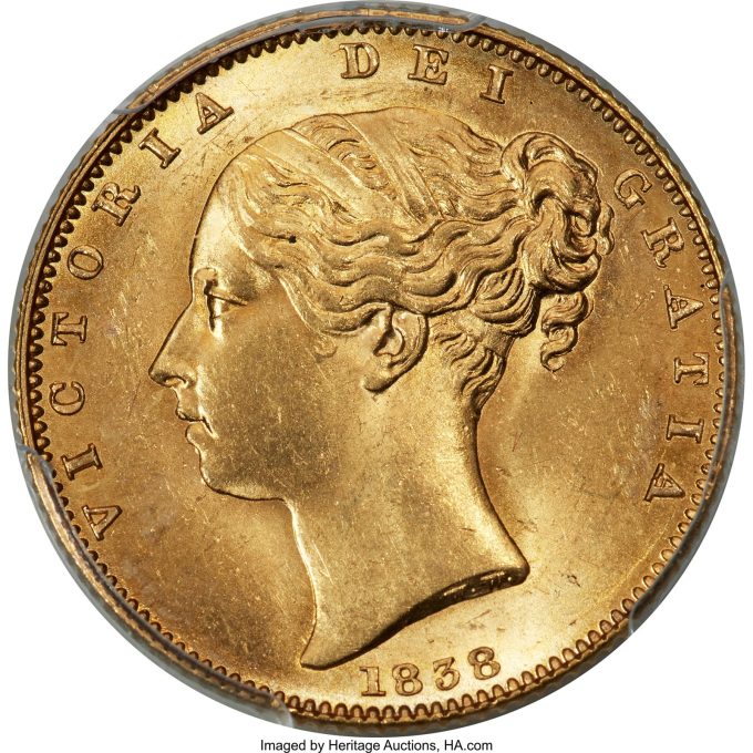 Victoria gold "Shield" Sovereign 1838 MS64+ PCGS