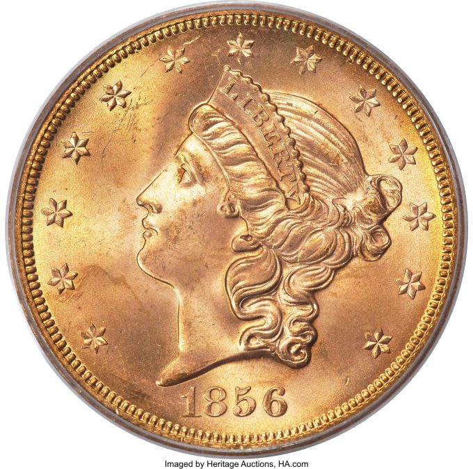 1856-S $20 No Serif, Left S, Variety-17O, MS66