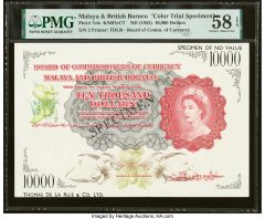 Malaya and British Borneo Board of Commissioners of Currency 10,000 Dollars ND (1953) Pick 7cts Color Trial Specimen PMG Choice About Unc 58 EPQ