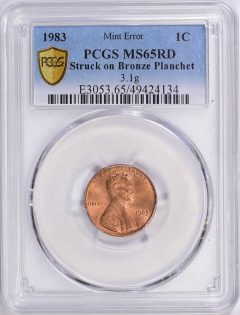 1983 Lincoln Cent Struck on Bronze Planchet 3.1g PCGS MS-65 RD