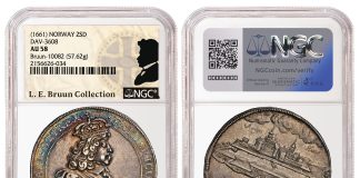 Landmark L.E. Bruun Collection Auction on Sept. 14 Expected to Make Numismatic History 1661 Norway 2SD DAV-3608 AU58 Bruun-10082