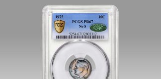 Record-Breaking $506,250 for 1975 No S Proof Dime at GreatCollections 1975 Roosevelt Dime No S PCGS Proof-67 (CAC Green)