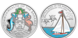 Royal Canadian Mint Wins IACA 2024 Excellence in Currency Awards 2024 25c 50th Anniversary Central Bank of The Bahamas Colour Coin - obverse and reverse