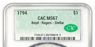 1794 Flowing Hair Dollar Earns CACG MS67 Certification, Insured for $15 Million 1794 Flowing Hair Silver Dollar CACG MS67