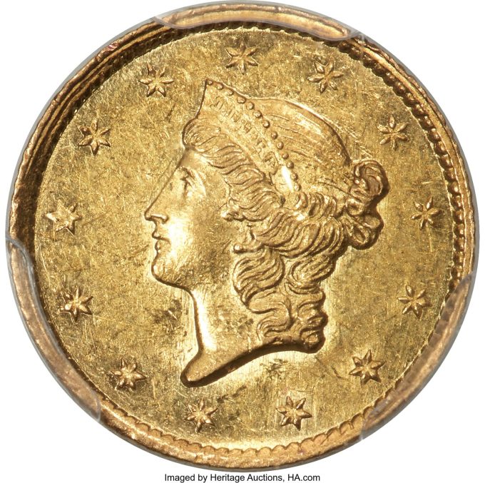 1849-C Open Wreath Gold Dollar, MS62 PCGS. Winter 1