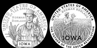 2026 Iowa American Innovation $1 Coin Designs Featuring Dr. Norman Borlaug Recommended Candidate Designs 01A and 07A 2026 American Innovation $1 Coin for Iowa