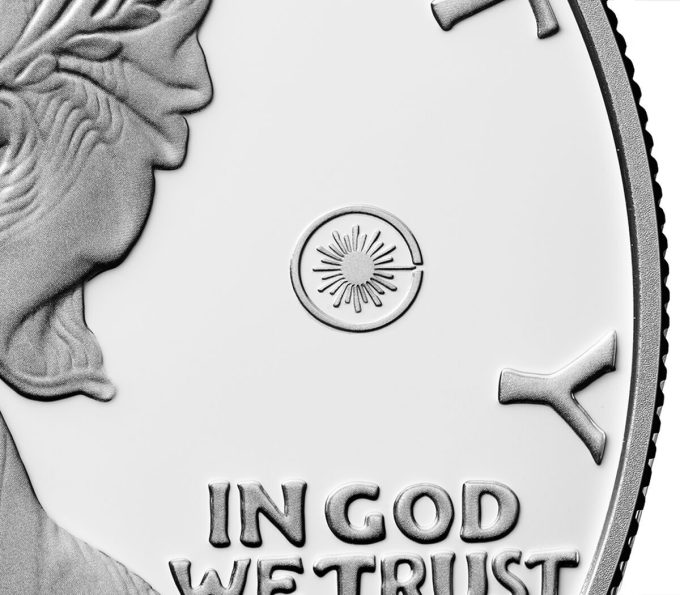 2025-W Proof American Silver Eagle - Laser Engraved privy mark close up