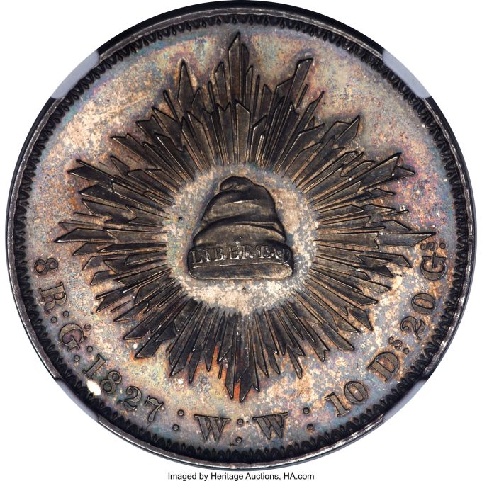 Republic silver Proof Pattern 8 Reales 1827 Go-WW PR64 Cameo NGC