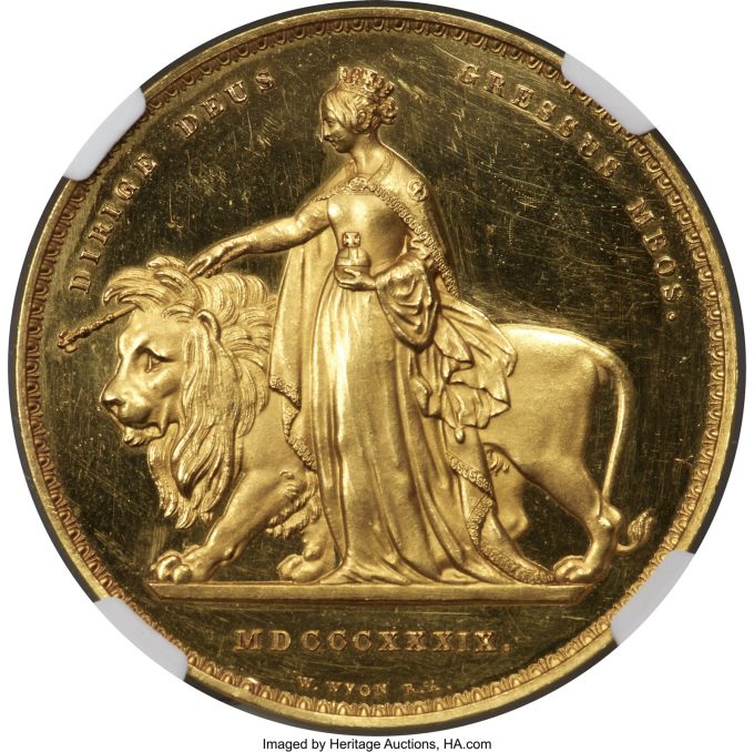 Victoria gold Proof Una and the Lion 5 Pounds 1839 PR61 Ultra Cameo NGC