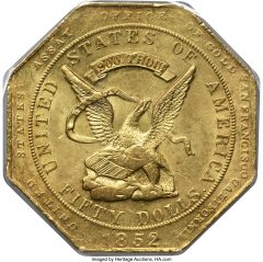 1852 $50 Assay Office Fifty Dollar, 900 Thous. MS64 PCGS