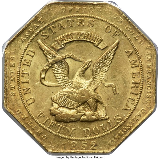 1852 $50 Assay Office Fifty Dollar, 900 Thous. MS64 PCGS