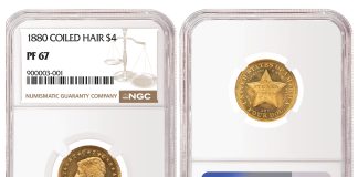Record $2.28 Million for NGC-Certified Stella at Heritage’s Rarities Night 1880 Coiled Hair $4 Stella graded NGC PF 67