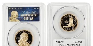 Space-Flown Sacagawea Gold Dollars Sell for $360,001 to $550,001 Space Flown 22 Karat Gold 2000-W Sacagawea Dollar - Lot 1006