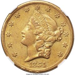 1854-O Double Eagle AU55 NGC. Variety 1