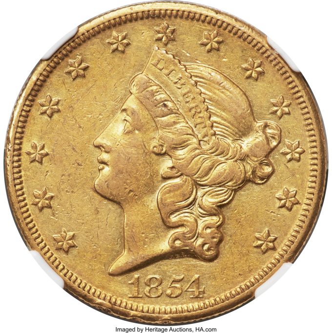 1854-O Double Eagle AU55 NGC. Variety 1