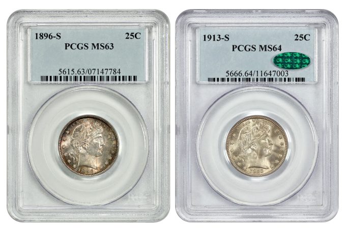1896-O and 1901-S Barber quarters
