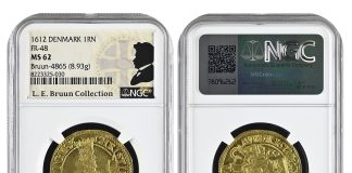 Stack’s Bowers Offers NGC-Certified Coins from L. E. Bruun Collection Oct. 29-30 Denmark 1612 Rose Noble graded NGC MS 62