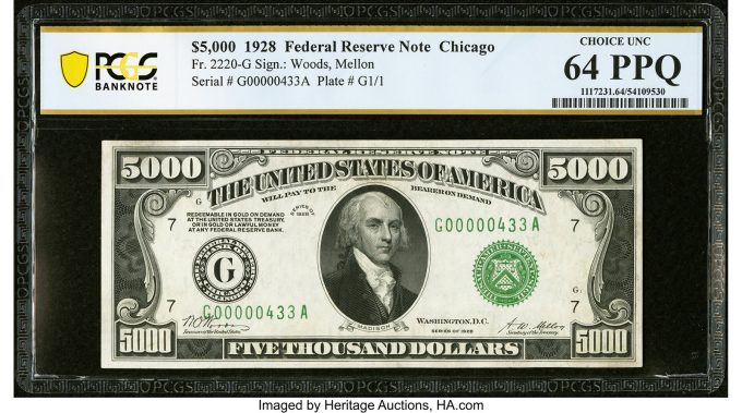 Fr. 2220-G $5,000 1928 Federal Reserve Note. PCGS Banknote Choice Unc 64 PPQ