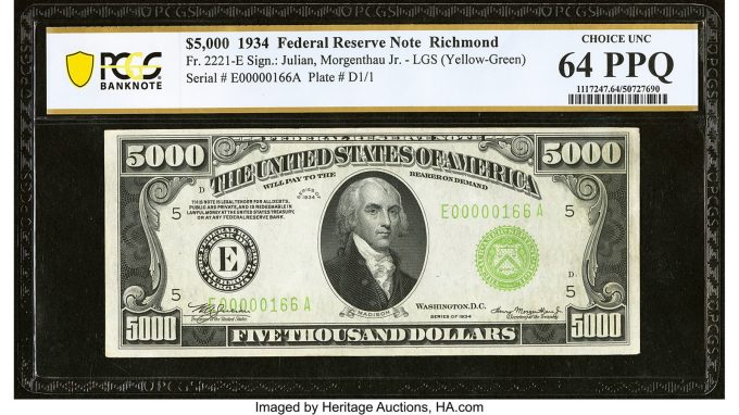 Fr. 2221-E $5,000 1934 Federal Reserve Note. PCGS Banknote Choice Unc 64 PPQ