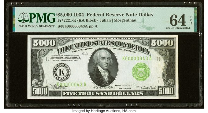 Fr. 2221-K $5,000 1934 Federal Reserve Note. PMG Choice Uncirculated 64 EPQ