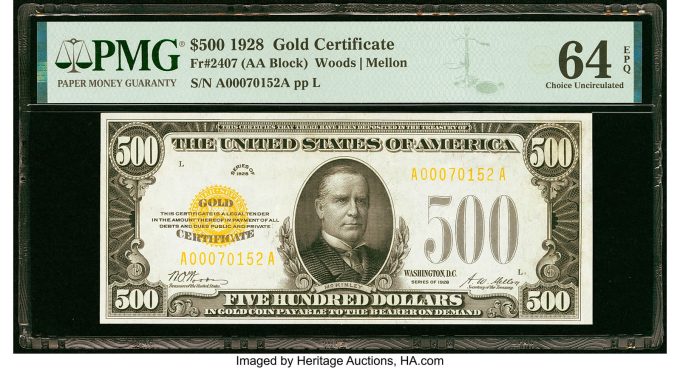 Fr. 2407 $500 1928 Gold Certificate. PMG Choice Uncirculated 64 EPQ