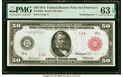 Serial Number 1 Fr. 1023a $50 1914 Red Seal Federal Reserve Note PMG Choice Uncirculated 63 EPQ