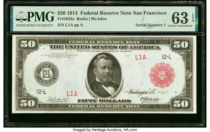 Serial Number 1 Fr. 1023a $50 1914 Red Seal Federal Reserve Note PMG Choice Uncirculated 63 EPQ