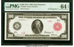 Serial Number 1 Fr. 1083a $100 1914 Red Seal Federal Reserve Note PMG Choice Uncirculated 64 EPQ